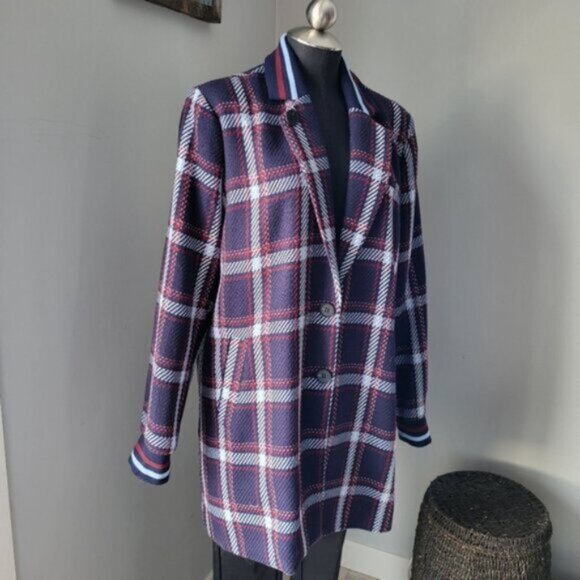 Long Tweed Blue Plaid Blazer Jacket YEST Outerwear Sz 14 Womens NEW - Picture 3 of 14